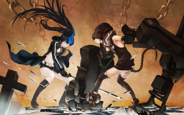 Two characters in a dramatic battle with chains in the background from Black Rock Shooter, HD Desktop Wallpaper