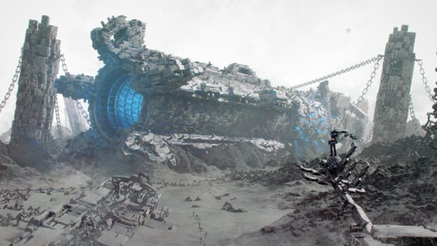 A lone figure stands on ruins overlooking a massive mechanical structure in a desolate landscape related to Black Rock Shooter wallpapers