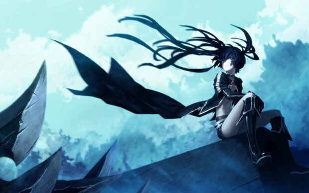 A character from Black Rock Shooter is sitting on a large metallic structure under a bright sky, Black Rock Shooter Wallpapers