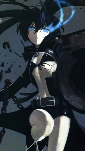 Black Rock Shooter wears a black outfit and holds a large weapon with glowing blue eyes, 2K Phone Wallpaper