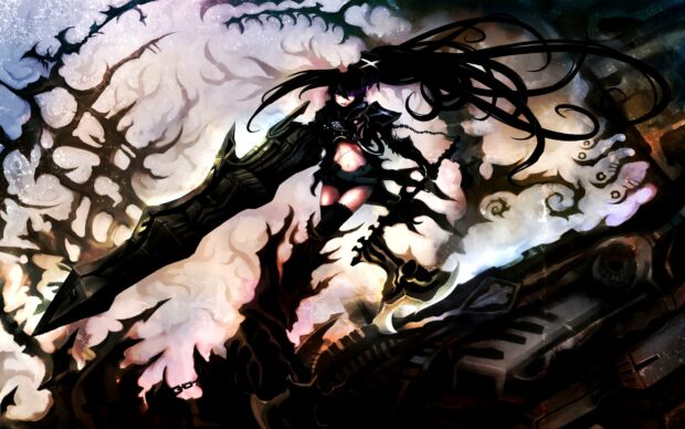 A fierce Black Rock Shooter character wields a large gun while surrounded by smoke and dark machinery, 2K Desktop Wallpaper