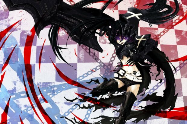 Black Rock Shooter is shown with glowing purple eyes and chains in an intense pose, HD Desktop Wallpaper