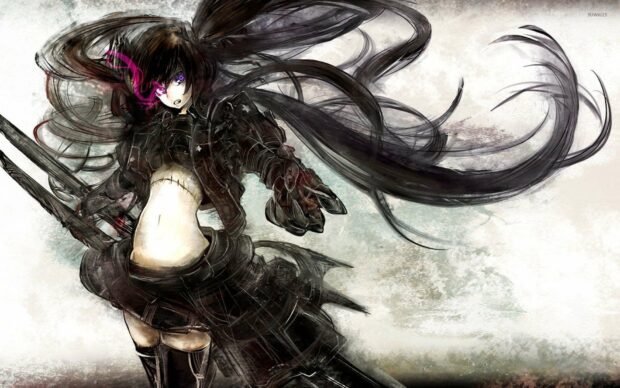 The image shows Black Rock Shooter with long flowing hair and a large weapon ready for battle, HD Desktop Wallpaper