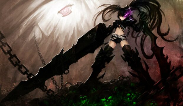 A fierce Black Rock Shooter stands with her weapon and glowing eye, HD Desktop Wallpaper