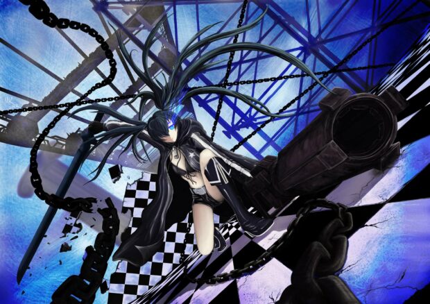 A fierce Black Rock Shooter character is shown in a dynamic battle stance with chains and a large cannon in a surreal environment