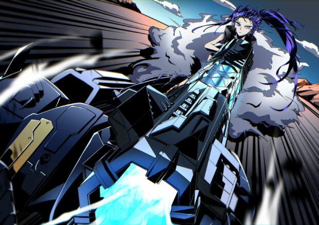 A fierce Black Rock Shooter character aims a large futuristic cannon in an intense action scene, 2K Desktop Wallpaper