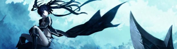 A girl with black hair and blue eyes wears a black outfit with flowing ribbons in the wind, 4K Desktop Wallpaper
