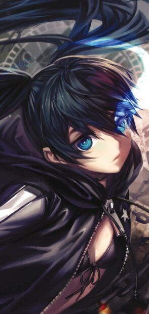 A close up of Black Rock Shooter with striking blue eyes and dark hair, 2K Phone Wallpaper