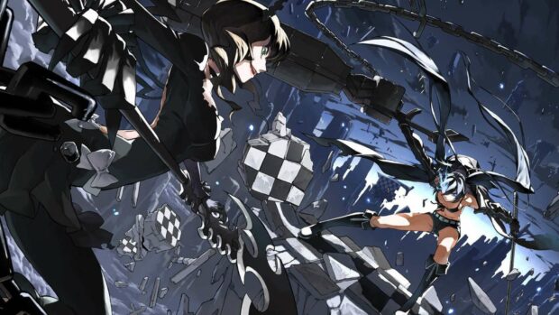 Two characters from Black Rock Shooter are engaged in an intense battle surrounded by floating debris, HD Desktop Wallpaper