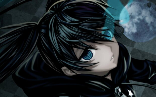 A close up of Black Rock Shooter with glowing blue eyes under the moonlight, 2K Desktop Wallpaper