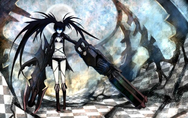 A girl with large mechanical weapons stands in a surreal checkered environment under a bright sky, 2K Desktop Wallpaper