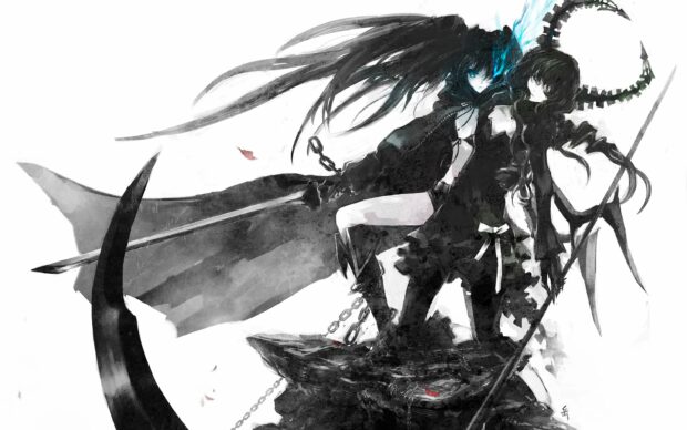 A character from Black Rock Shooter stands beside a horned figure holding a scythe and spear, 2K Desktop Wallpaper