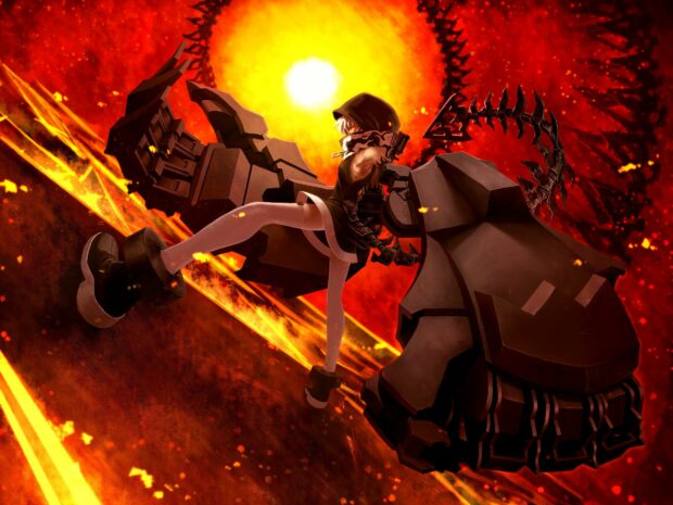 A fierce Black Rock Shooter character is ready for battle amid a blazing fiery background, HD Desktop Wallpaper