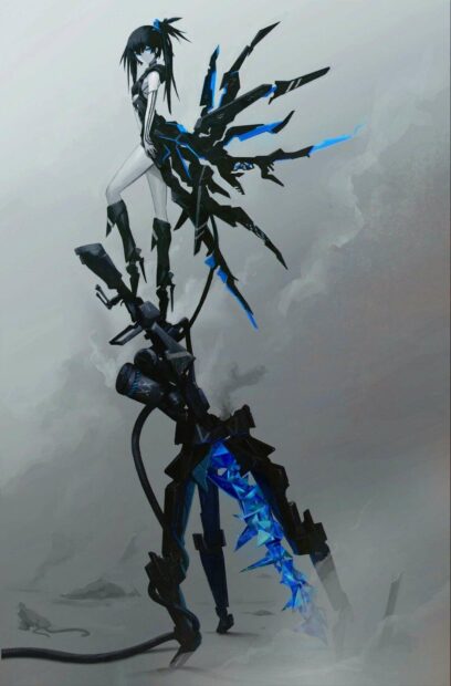A character from Black Rock Shooter stands poised with a mechanical weapon featuring glowing blue accents