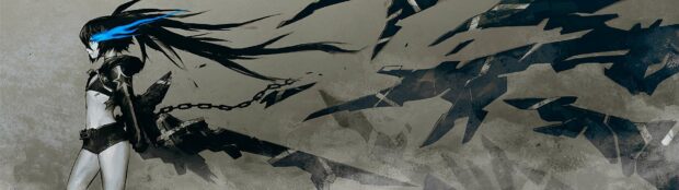 Black Rock Shooter stands with a blazing blue eye and flowing tattered cape in a dark, fragmented background