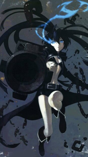 The character Black Rock Shooter is shown with glowing blue eyes and a large weapon in an action pose, HD Phone Wallpaper