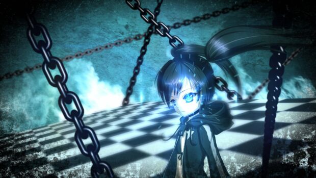A determined Black Rock Shooter character stands in a dark, chain filled environment with glowing blue eyes
