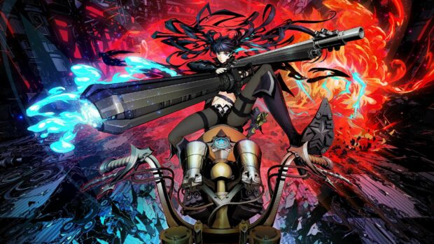 A fierce Black Rock Shooter wields a glowing cannon while riding a motorcycle through a vivid red and blue background