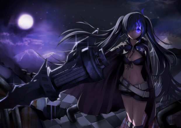 A dark scene showing Black Rock Shooter holding a large cannon with her glowing blue eye under the moonlight
