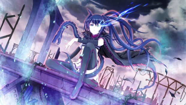 A character from Black Rock Shooter with glowing blue eye powers sitting on a concrete ledge in a desolate industrial area