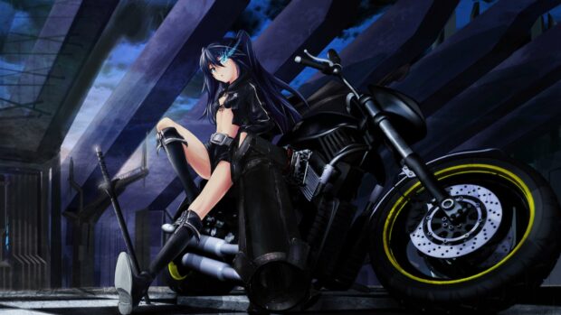 A fierce character from Black Rock Shooter stands beside a motorcycle under a bridge at night, showcasing determination and strength