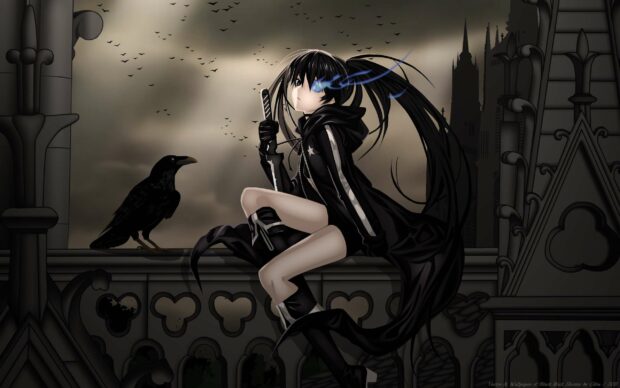 A dark haired Black Rock Shooter character holding a sword sits beside a raven on a gothic building under a cloudy sky