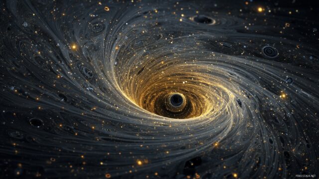 Black Hole Wallpaper 4K Resolution, An Intricate Depiction Of A Black Hole With Gravitational Waves And Celestial Bodies