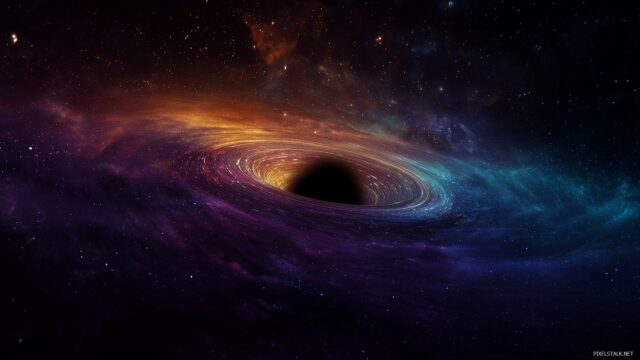 Black Hole Wallpaper For Desktop, A Mesmerizing View Of A Black Hole Surrounded By Vibrant Cosmic Colors And Swirling Stars
