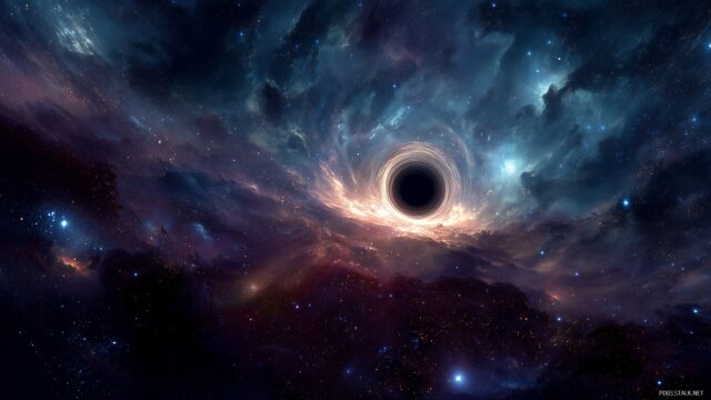 Black Hole Wallpaper High Definition, A Captivating Scene Featuring A Black Hole And A Cosmic Landscape Filled With Nebulae And Twinkling Stars