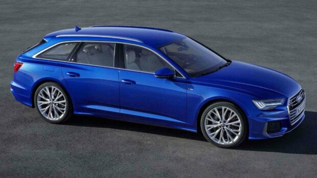 A sleek blue Audi A6 is parked on an asphalt surface under natural light, HD Desktop Wallpaper