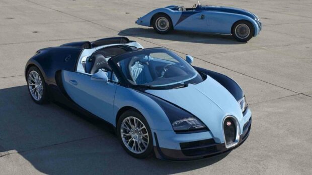A modern blue Bugatti Veyron is parked near a vintage blue car on a concrete surface in this Bugatti Veyron Wallpapers image, HD Desktop Wallpaper