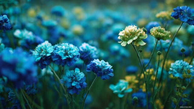 Blue Green Wallpaper High Resolution, A Vibrant Field Of Flowers In Blue And Green, Ensuring High Resolution And Beauty For Desktop Displays