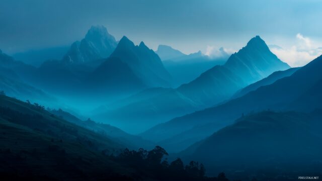 Blue Green High Quality Wallpaper, Crisp Mountains Bathed In Blue And Green Light At Dawn, Serving As An Inspiring Wallpaper Choice