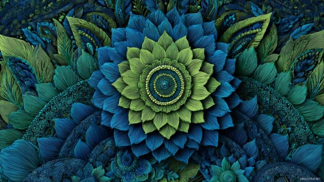 Blue Green High Resolution Wallpaper, A Digital Art Composition With Intricate Designs In Blue And Green, Offering High Resolution Clarity For Users