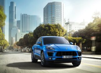 Blue Porsche Macan Driving Through Urban Cityscape Porsche Macan Wallpapers
