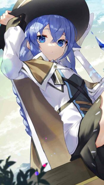 A blue haired character from Mushoku Tensei Jobless Reincarnation is holding a staff under a bright sky