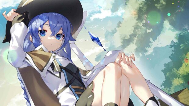A blue haired character from Mushoku Tensei Jobless Reincarnation is sitting calmly outdoors