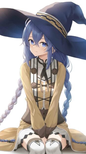 A blue haired girl in a detailed brown outfit and large witch hat is sitting calmly, HD Mobile Wallpaper