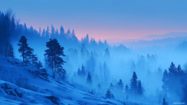 Blue Winter Wallpaper Aesthetic, A Snow Draped Landscape At Twilight, Where Shades Of Blue Blend Seamlessly Into One Another