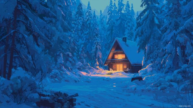 Blue Winter Wallpaper Aesthetic, A Cozy Cabin Surrounded By Snow With Warm Light Glowing From The Windows, Set Against A Backdrop Of A Vast Winter Forest