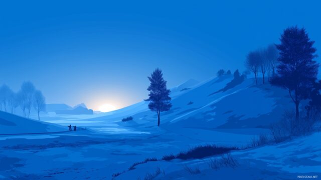 Blue Winter Wallpaper For Windows, A Vibrant Winter Scene Featuring A Blue Sunset Peeking Over Snow Covered Hills, With Silhouettes Of Trees