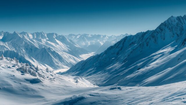 Blue Winter Wallpaper For Windows, A Panoramic View Of A Calm Snowy Valley With Mountain Peaks In The Distance, Casting A Beautiful Blue Shade