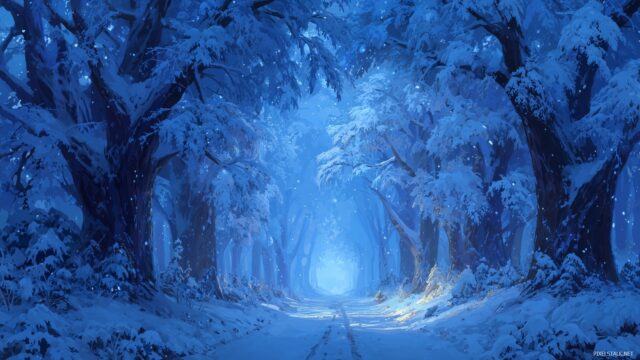 Blue Winter Wallpaper For Laptop, A Whimsical Forest Pathway Lined With Snow Laden Trees, Leading Into Deep Blue Winter Shadows