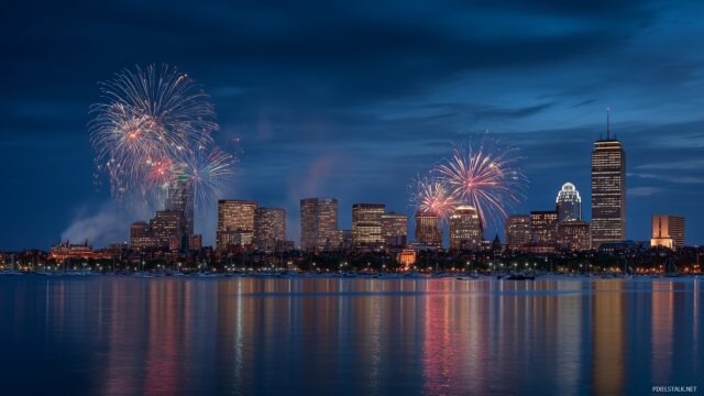 Boston Skyline Desktop Wallpaper, Captivating Twilight Skyline Of Boston With Fireworks Lighting Up The Night Sky
