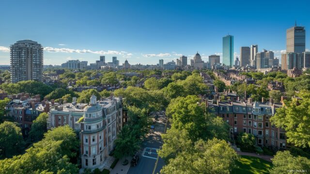 Boston Skyline Desktop Wallpaper Full HD, Aerial View Of Boston Skyline Showcasing Iconic Architecture And Lush Greenery