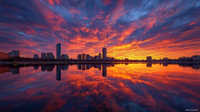 Boston Skyline HD Wallpaper For PC, Stunning View Of The Boston Skyline At Sunset With Vibrant Colors And Dramatic Clouds
