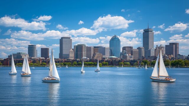 Boston Skyline Ultra HD Desktop Wallpaper, Bright Summer Day In Boston Featuring The Skyline With Sailboats On The Harbor