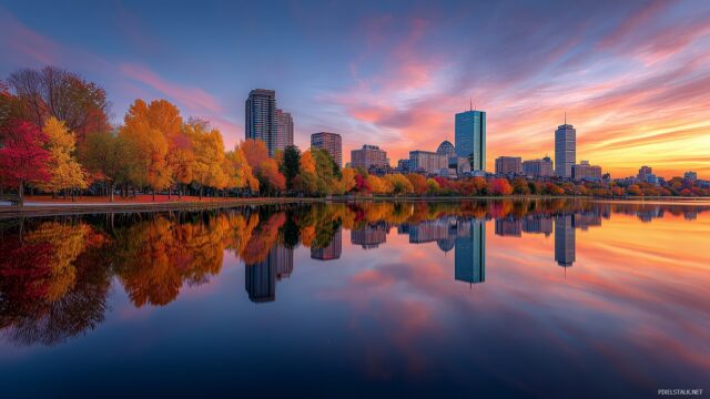 Boston Skyline Wallpaper HD For Mac, Vibrant Fall Colors Surrounding The Boston Skyline With The Charles River In The Foreground