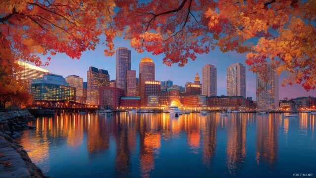 Boston Skyline Wallpaper For Desktop Computer, Clear Autumn Scene With Boston Skyline Framed By Colorful Leaves And Sparkling Water