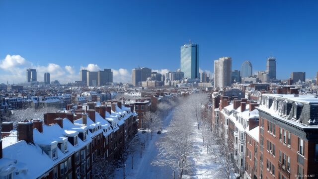 Boston Skyline Wallpaper Free Download, Beautiful Winter Scene Of Boston Skyline With Snow Covered Rooftops And A Clear Blue Sky
